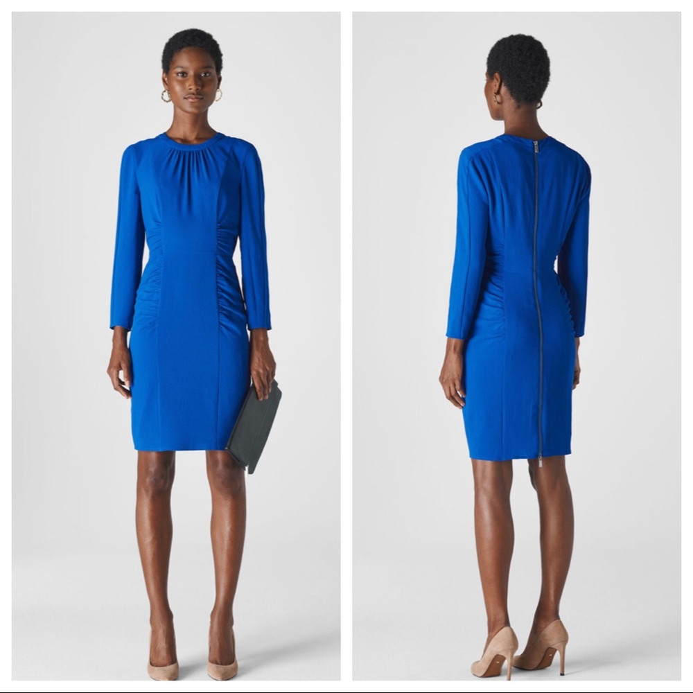Whistles Izzey bodycon blue long sleeve ruched textured dress